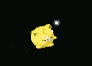 a pixel art of a yellow and pink cartoon character with a star in the background