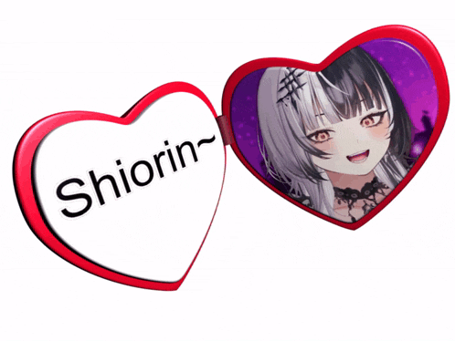 a red heart with a picture of a girl and the word shiori on the side