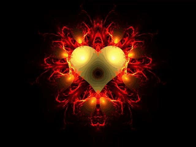 a heart surrounded by flames on a black background