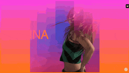 a woman in a green and black striped top is dancing with the name rina behind her