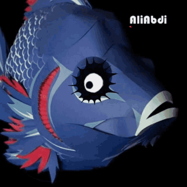a blue fish with a black eye and the name aliabdi on the bottom right