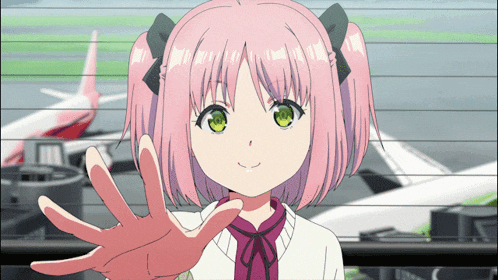a girl with pink hair and green eyes waves her hand in front of an airplane