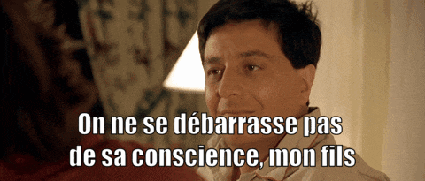 a man with the words on ne se debarrasse pas de sa conscience mon fils written below him