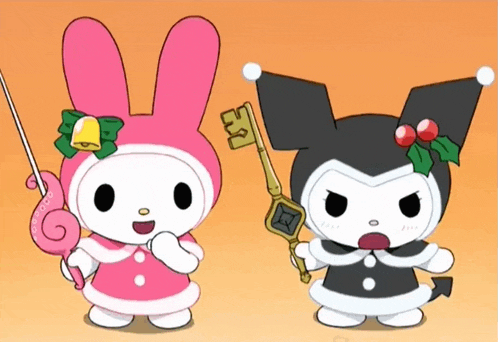 a pink bunny and a black bunny are standing next to each other holding keys
