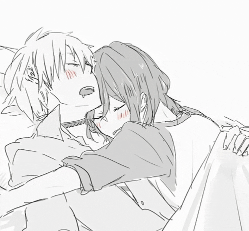 a black and white drawing of a man and woman hugging each other