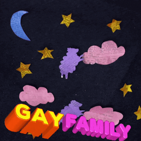 a black background with a crescent moon and stars and the word gay family