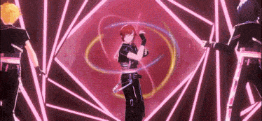 a group of anime characters are dancing on a stage in front of a neon background .