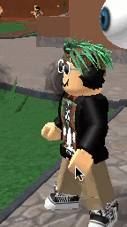 a roblox character with green hair and headphones is walking down a sidewalk next to a large eye .