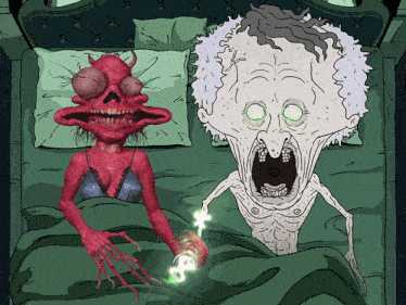 a cartoon of a man and a woman laying in a bed
