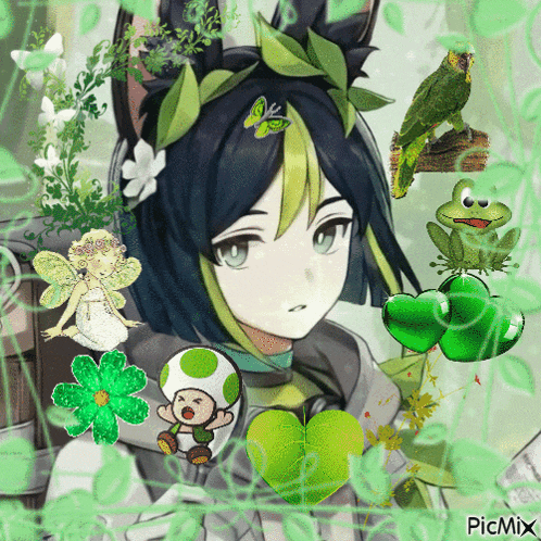 a picture of a girl with a frog and a mushroom with the words picmix on the bottom