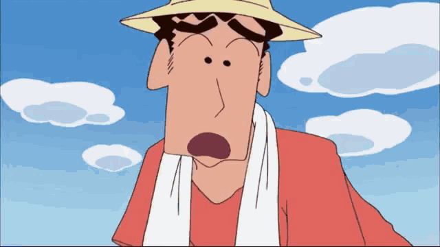 a cartoon character wearing a straw hat and a red shirt