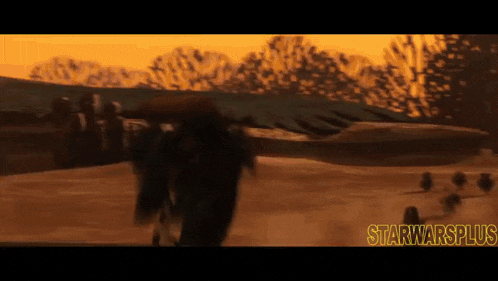 a painting of a man walking in a desert with the words starwarsplus written on the bottom