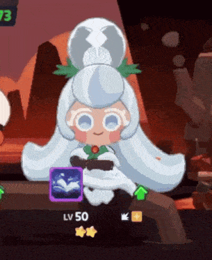 a cartoon character with white hair and a crown on her head is sitting on a table with a lv 50 icon next to her
