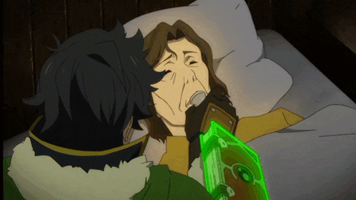 a man in a green jacket is holding a green object in front of a woman laying on a bed