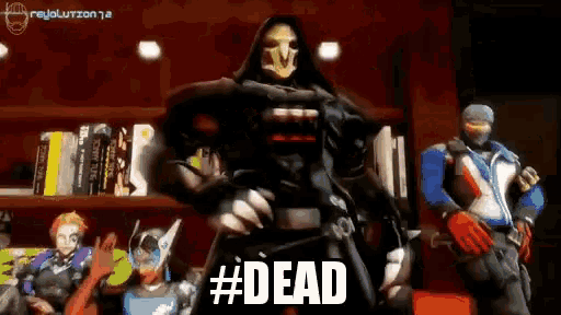 a video game character is standing in front of a bookshelf and says #dead