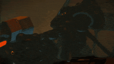 a computer generated image of a robot in a dark room with a bright orange light behind it