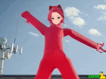 a girl in a red jumpsuit with cat ears is standing in front of a blue sky