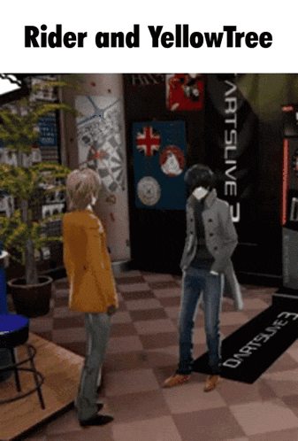 two men are standing in a room with the words rider and yellowtree on the bottom