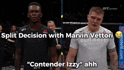 two men standing next to each other with the words split decision with marvin vettori contender izzy ahh on the bottom