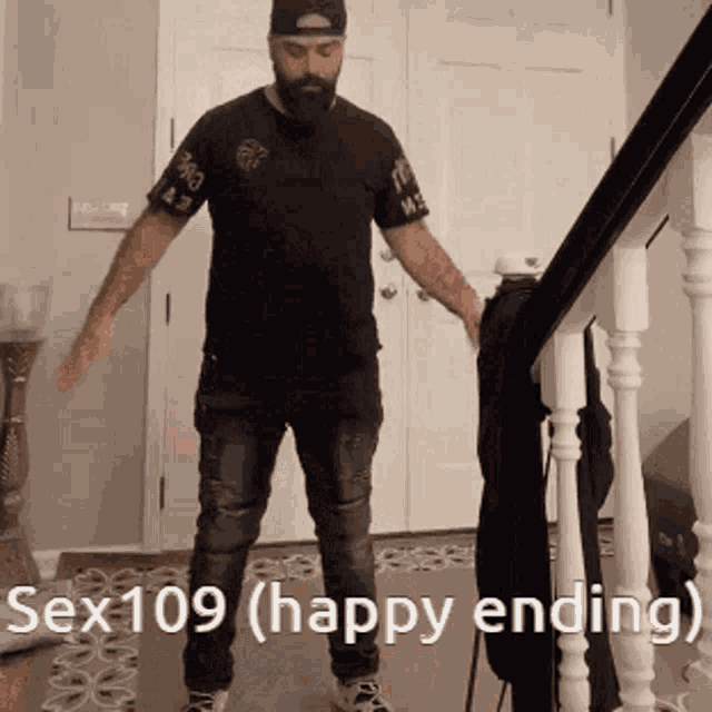 a man with a beard is standing in front of a staircase with the words sex109 happy ending