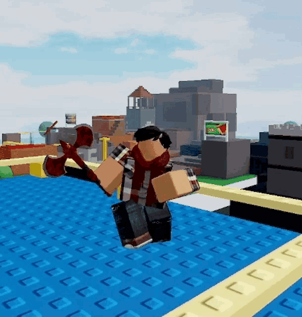a man in a plaid shirt and scarf is holding a red axe in a video game