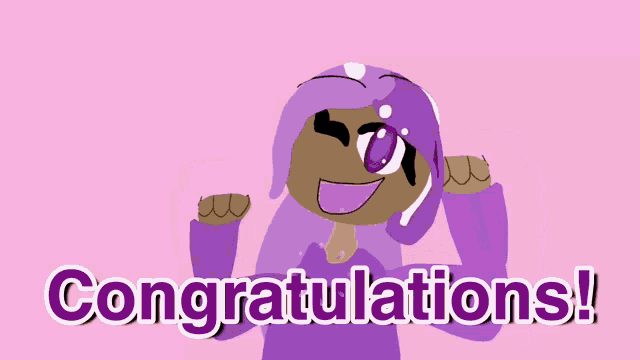 a cartoon girl with purple hair and the words congratulations on the bottom