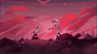 a couple of cartoon characters standing next to each other on a rock