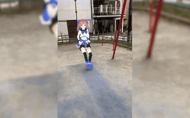 a girl in a blue and white outfit is swinging on a swing