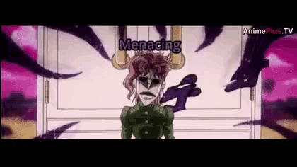 a cartoon character from jojo 's bizarre adventure is standing in front of a door with the words menacing written on it .