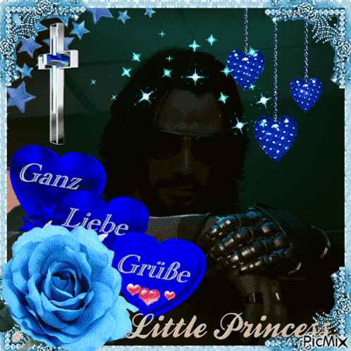 a picture of a man with blue hearts that say ganz liebe