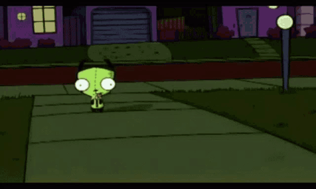 a cartoon character walking down a sidewalk with a purple house in the background