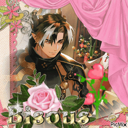 a picture of a man with horns and a pink rose with the word bisous on it