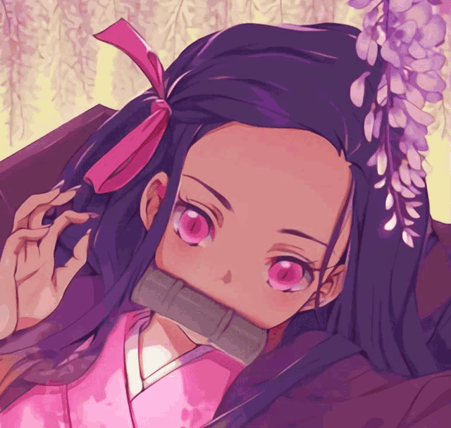 a girl with purple hair and pink eyes has a pink ribbon in her hair