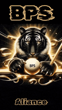 a tiger is holding a pool ball with the letters bps above it