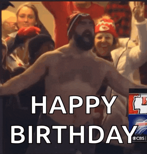 a shirtless man is dancing in front of a crowd with the words happy birthday