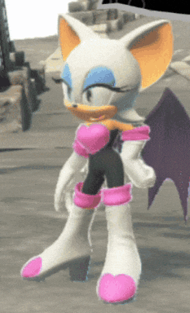rouge the bat from sonic the hedgehog standing on a wooden surface