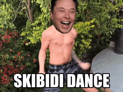 a shirtless man is dancing with the words skibidi dance written below him