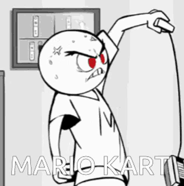 a cartoon of a man playing mario kart with a controller in his hand