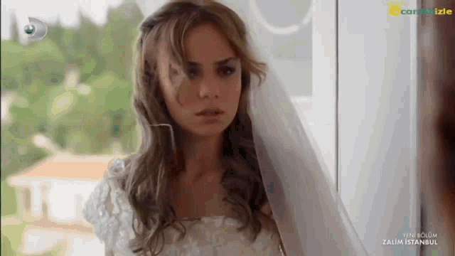 a woman in a wedding dress is looking out a window