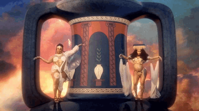 a painting of two women dancing in front of a greek vase