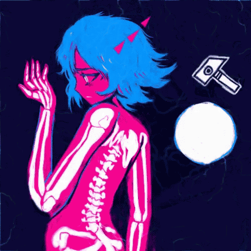 a drawing of a girl with horns and a skeleton back