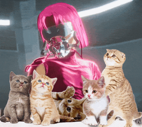 a woman with pink hair is surrounded by a group of kittens