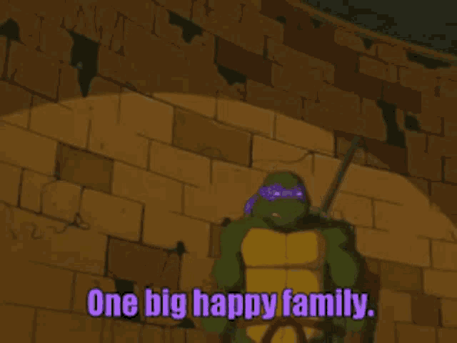 a cartoon character says " one big happy family "