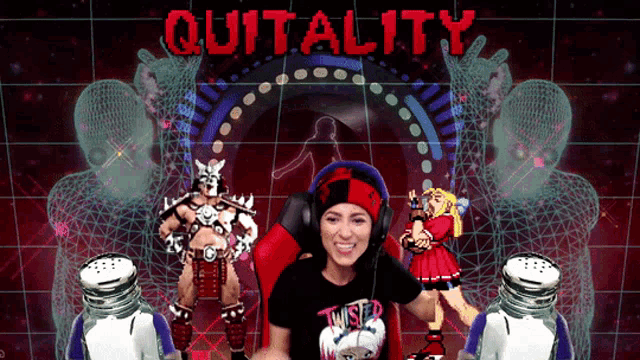a woman is sitting in front of a screen that says quit ality