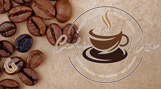 a cup of coffee sits on a table next to coffee beans and a logo for cafe nova