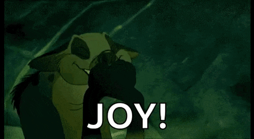 a hyena from the lion king is smiling and saying joy !