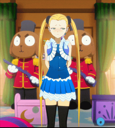 a girl in a blue dress is standing in front of a group of toy soldiers