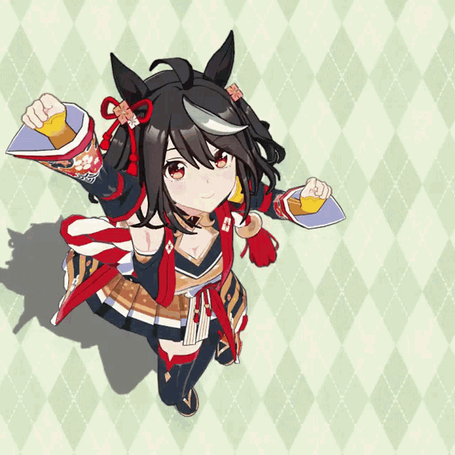 a cartoon of a girl in a kimono holding a cup with the letter p on it