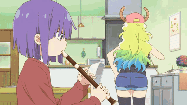 a girl with horns is playing a flute while another girl stands behind her