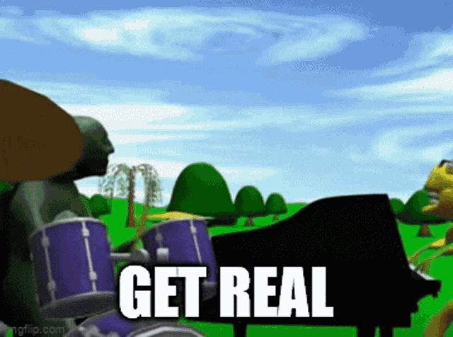 a cartoon of a turtle playing drums and a piano with the words get real written on it